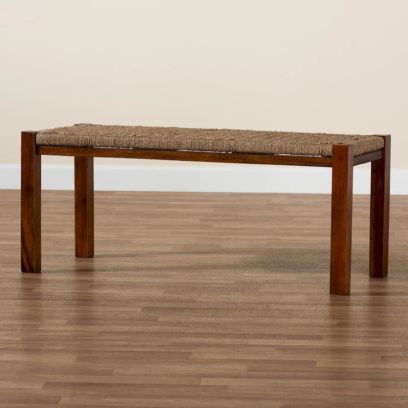 Banc individuel en bois d'acajou et jonc de mer brun noyer