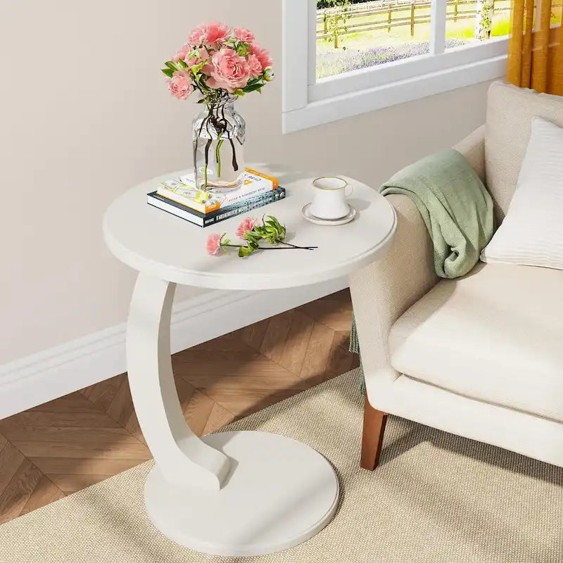 Table d'appoint en forme de C – Cerisier / Blanc crème / Noir, placage de bois vintage, utilisateur unique