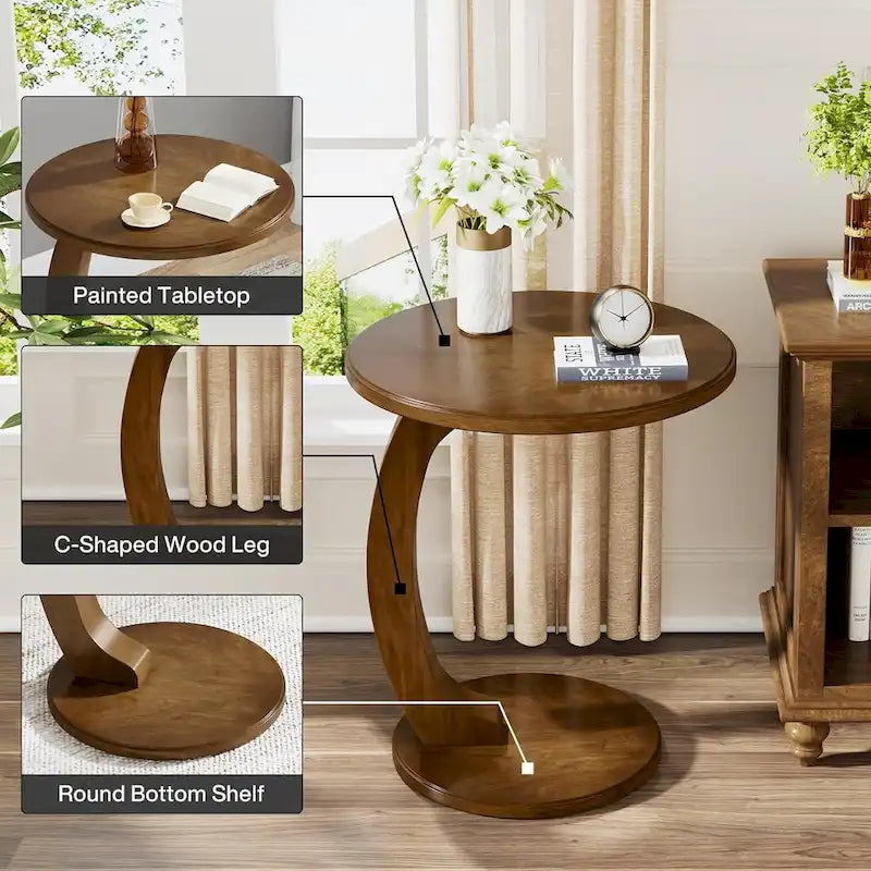 Table d'appoint en forme de C – Cerisier / Blanc crème / Noir, placage de bois vintage, utilisateur unique