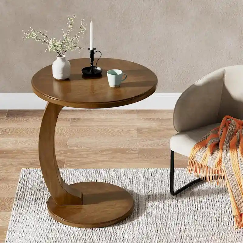 Table d'appoint en forme de C – Cerisier / Blanc crème / Noir, placage de bois vintage, utilisateur unique