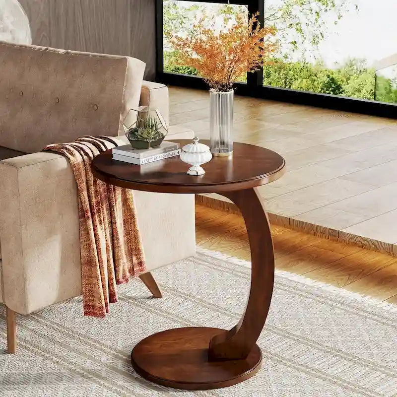 Table d'appoint en forme de C – Cerisier / Blanc crème / Noir, placage de bois vintage, utilisateur unique
