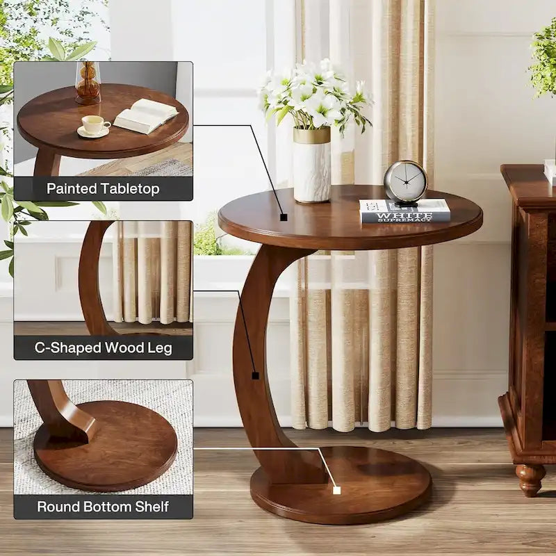 Table d'appoint en forme de C – Cerisier / Blanc crème / Noir, placage de bois vintage, utilisateur unique