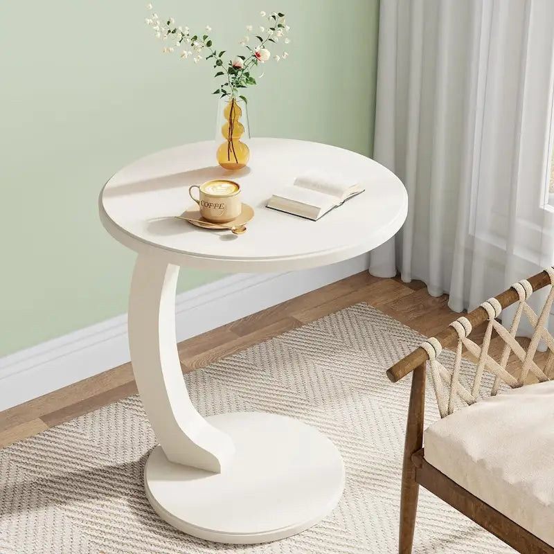 Table d'appoint en forme de C – Cerisier / Blanc crème / Noir, placage de bois vintage, utilisateur unique