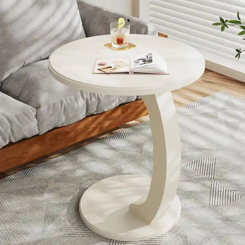 Table d'appoint en forme de C – Cerisier / Blanc crème / Noir, placage de bois vintage, utilisateur unique