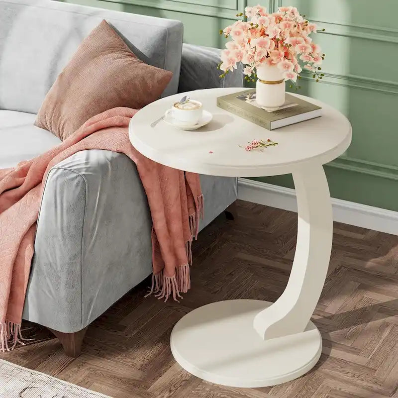 Table d'appoint en forme de C – Cerisier / Blanc crème / Noir, placage de bois vintage, utilisateur unique