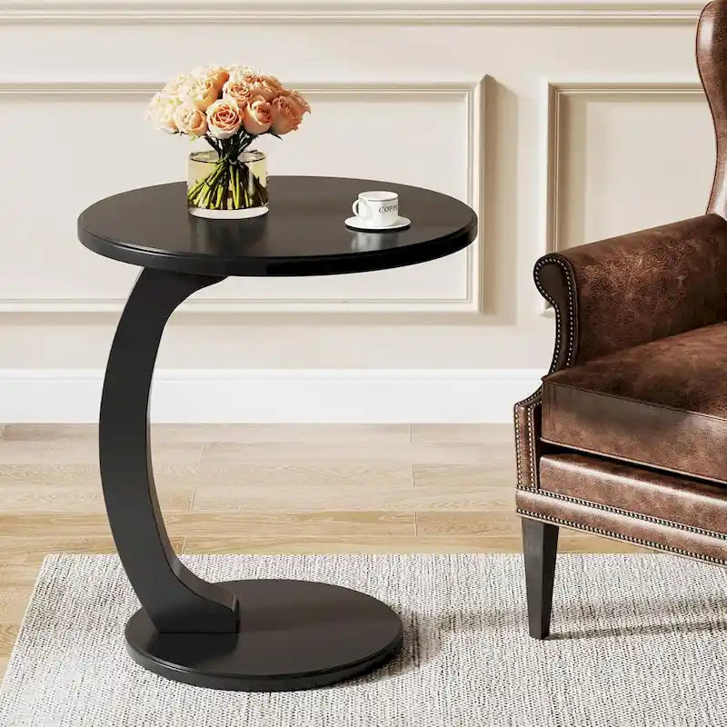 Table d'appoint en forme de C – Cerisier / Blanc crème / Noir, placage de bois vintage, utilisateur unique