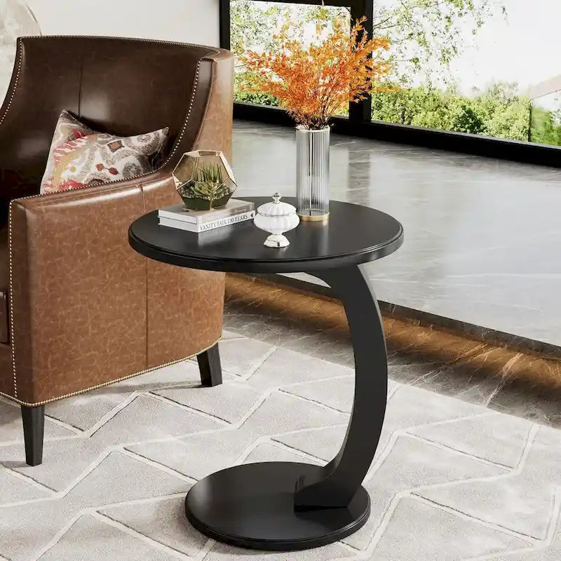 Table d'appoint en forme de C – Cerisier / Blanc crème / Noir, placage de bois vintage, utilisateur unique