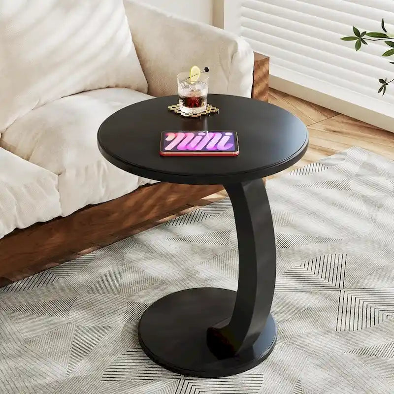 Table d'appoint en forme de C – Cerisier / Blanc crème / Noir, placage de bois vintage, utilisateur unique