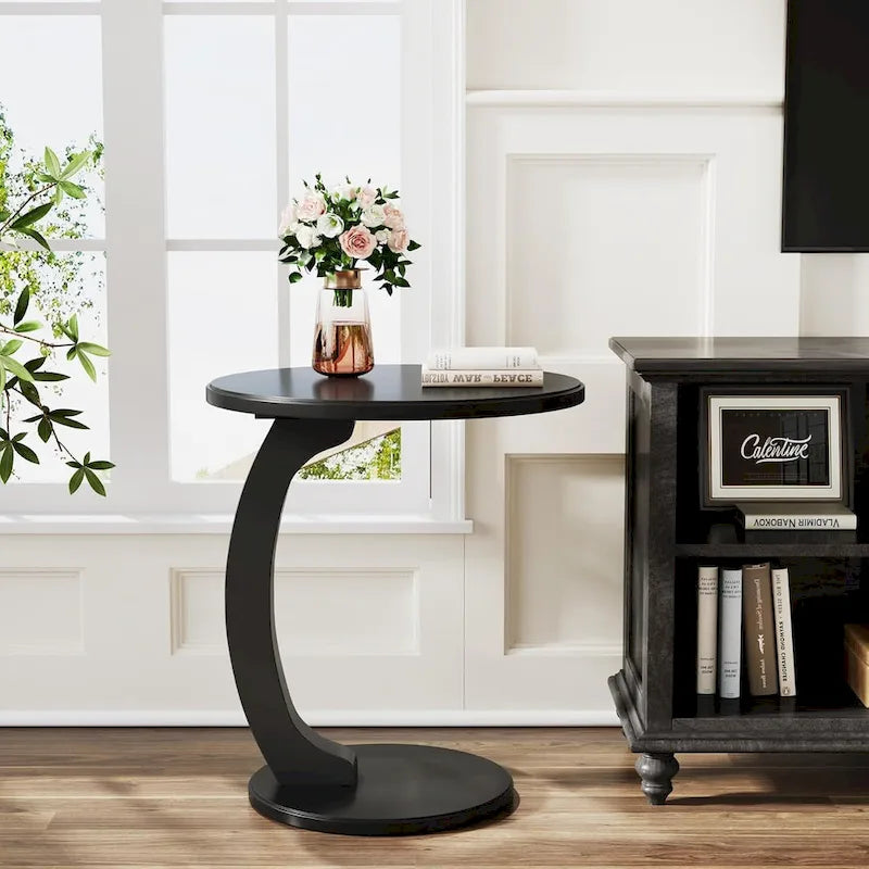 Table d'appoint en forme de C – Cerisier / Blanc crème / Noir, placage de bois vintage, utilisateur unique