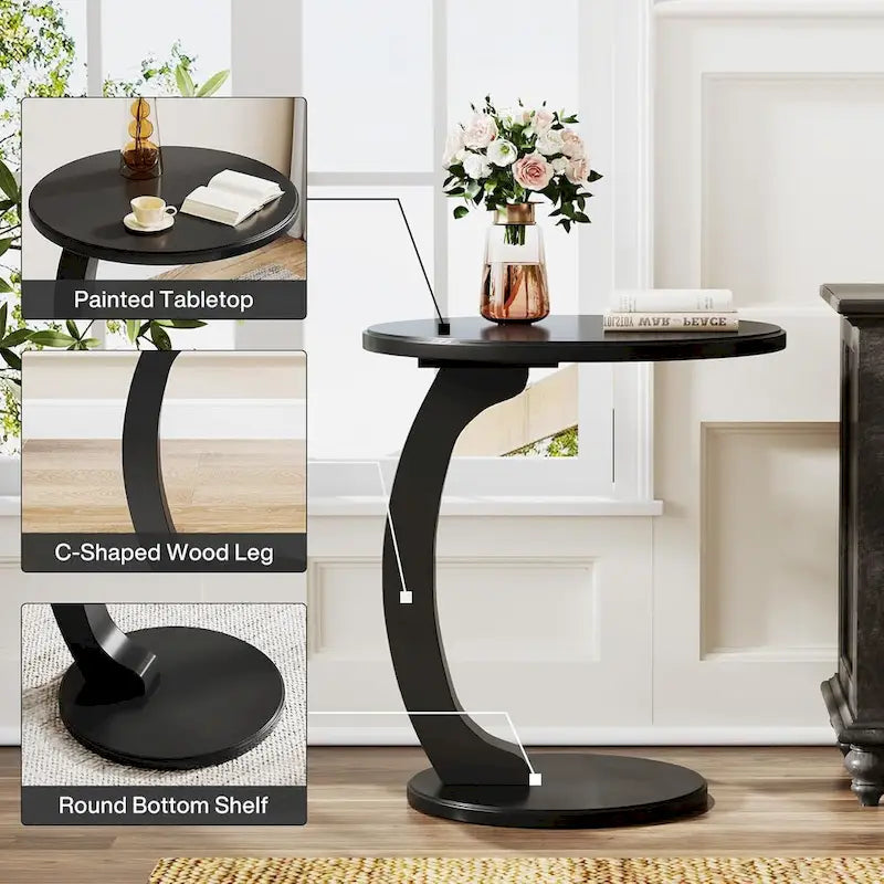 Table d'appoint en forme de C – Cerisier / Blanc crème / Noir, placage de bois vintage, utilisateur unique
