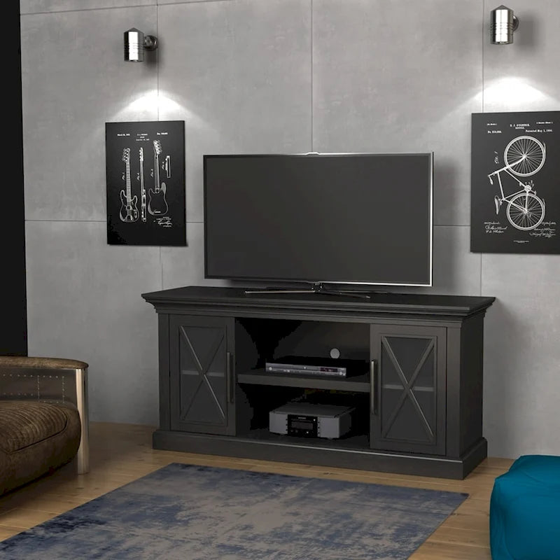 Meuble TV avec portes vitrées et montants en X – Noir, quincaillerie en nickel antique classique, 1 à 2 utilisateurs