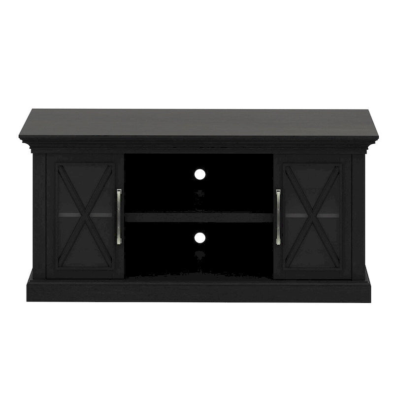 Meuble TV avec portes vitrées et montants en X – Noir, quincaillerie en nickel antique classique, 1 à 2 utilisateurs