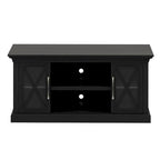 Meuble TV avec portes vitrées et montants en X – Noir, quincaillerie en nickel antique classique, 1 à 2 utilisateurs