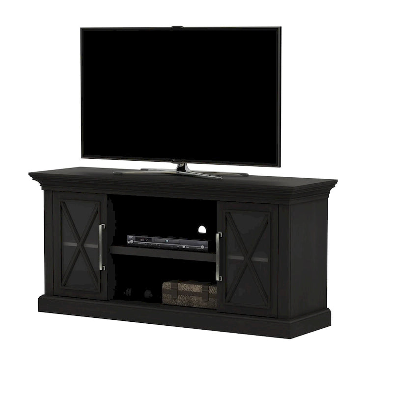 Meuble TV avec portes vitrées et montants en X – Noir, quincaillerie en nickel antique classique, 1 à 2 utilisateurs