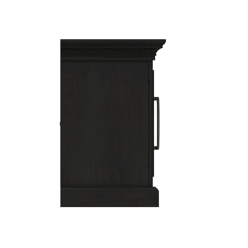 Meuble TV avec portes vitrées et montants en X – Noir, quincaillerie en nickel antique classique, 1 à 2 utilisateurs