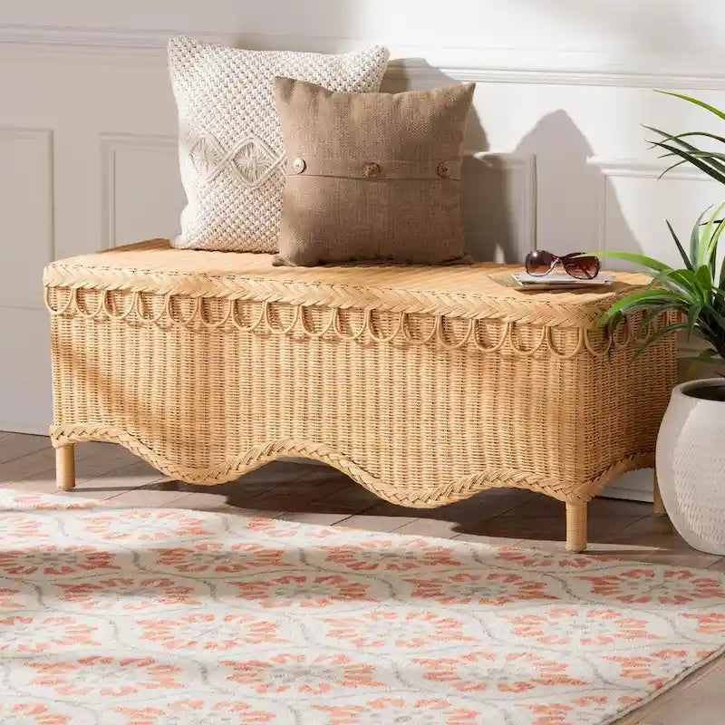 Erla Bohemian Light Honey Rattan Accent Bench with Scallop border
