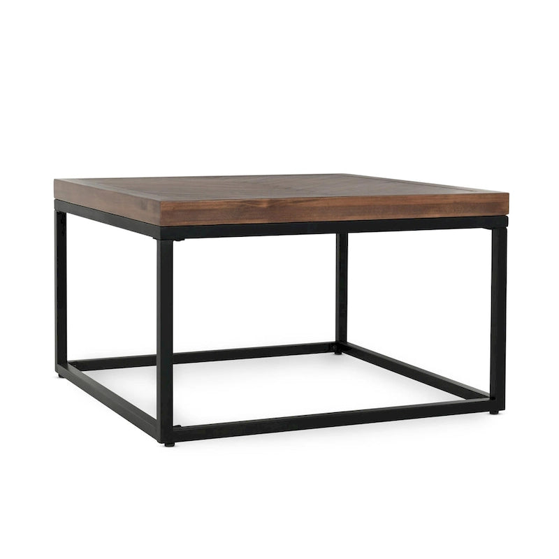 Table basse carrée – Naturelle, bois de pin à chevrons style ferme moderne et base en fer, 1–2 utilisateurs