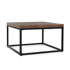 Table basse carrée – Naturelle, bois de pin à chevrons style ferme moderne et base en fer, 1–2 utilisateurs