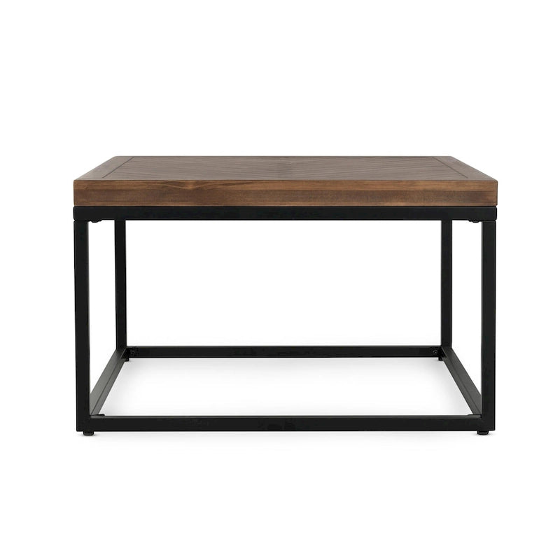 Table basse carrée – Naturelle, bois de pin à chevrons style ferme moderne et base en fer, 1–2 utilisateurs