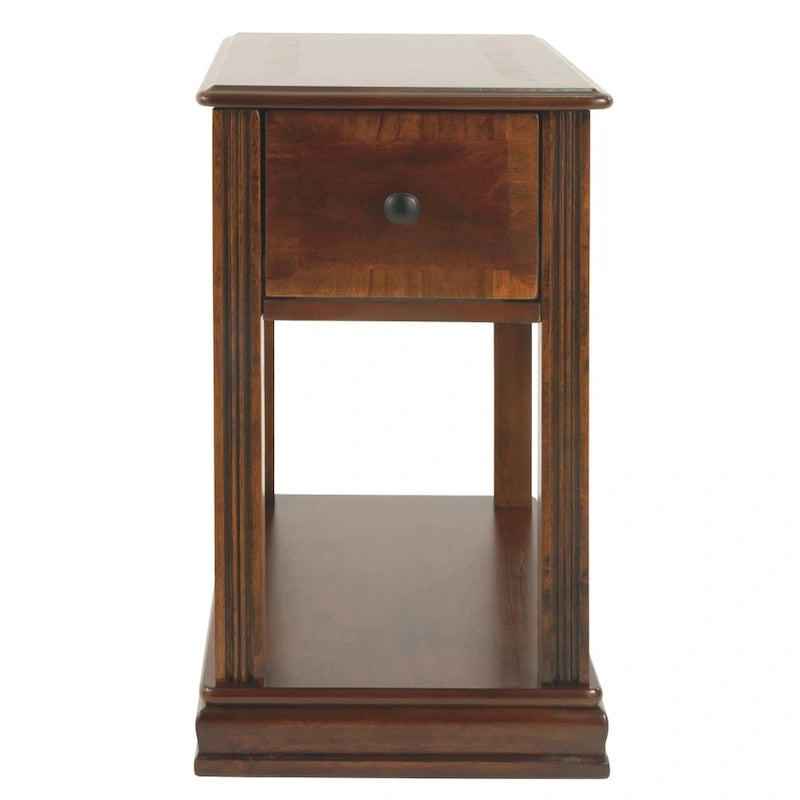Table d'appoint de fauteuil – Marron, dessus en bois avec tiroir et étagère, pour une personne
