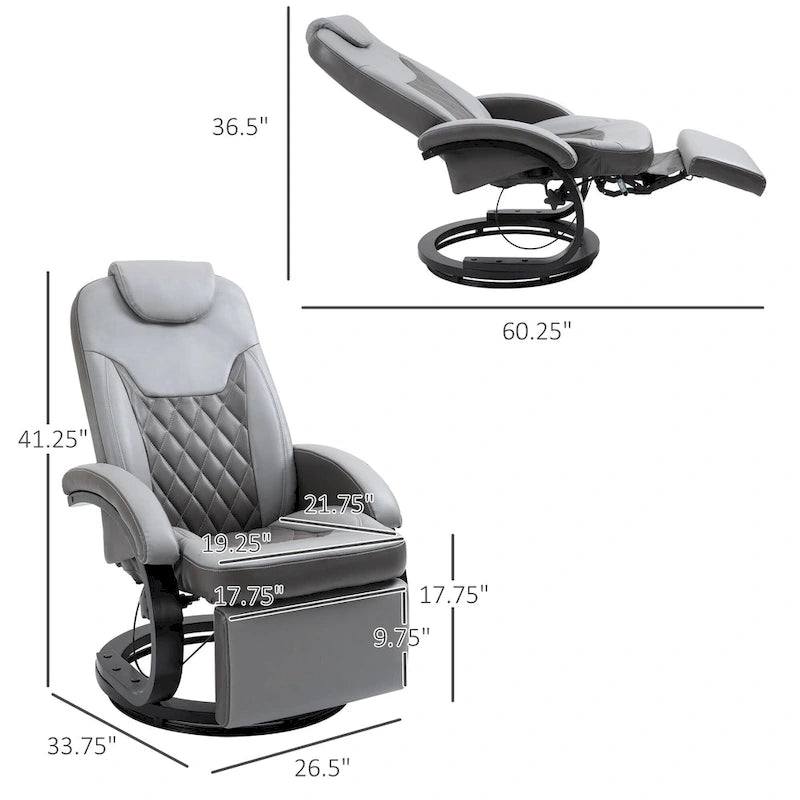Fauteuil inclinable pivotant en cuir PU gris avec repose-pieds pour 1 personne