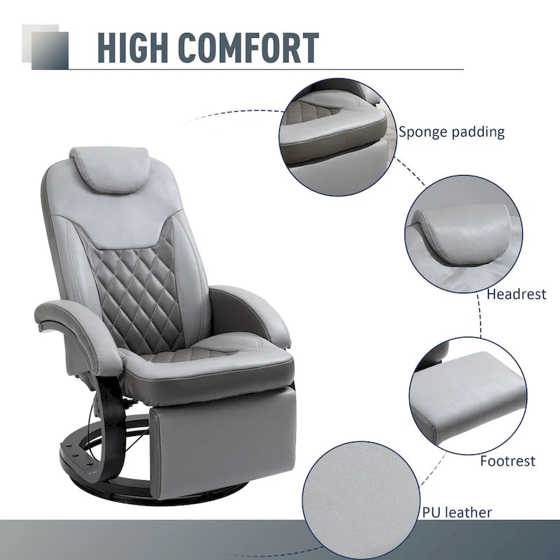 Fauteuil inclinable pivotant en cuir PU gris avec repose-pieds pour 1 personne