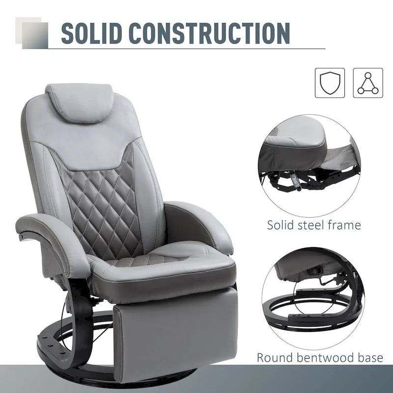 Fauteuil inclinable pivotant en cuir PU gris avec repose-pieds pour 1 personne