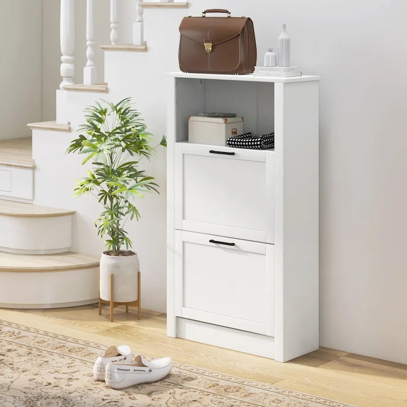 Meuble à chaussures étroit en MDF blanc avec 2 tiroirs basculants et étagères réglables pour 1