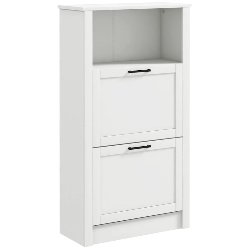 Meuble à chaussures étroit en MDF blanc avec 2 tiroirs basculants et étagères réglables pour 1