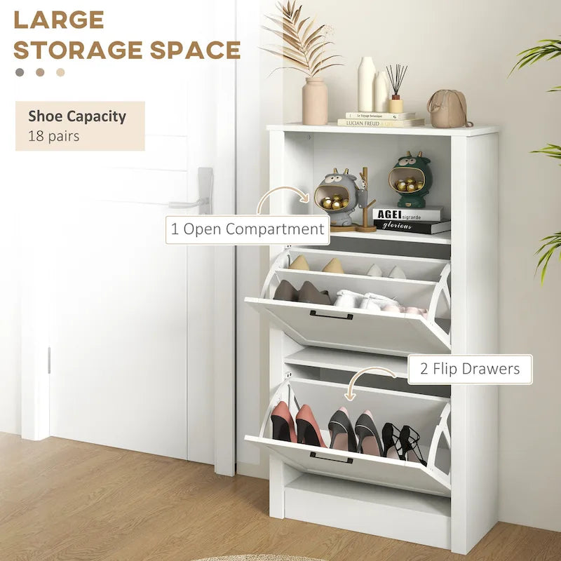 Meuble à chaussures étroit en MDF blanc avec 2 tiroirs basculants et étagères réglables pour 1