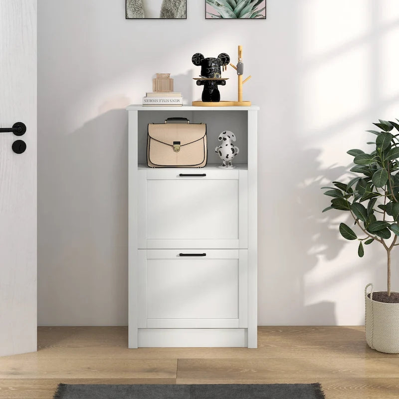 Meuble à chaussures étroit en MDF blanc avec 2 tiroirs basculants et étagères réglables pour 1