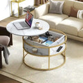 Table basse ronde relevable, plateau blanc marbré et structure dorée