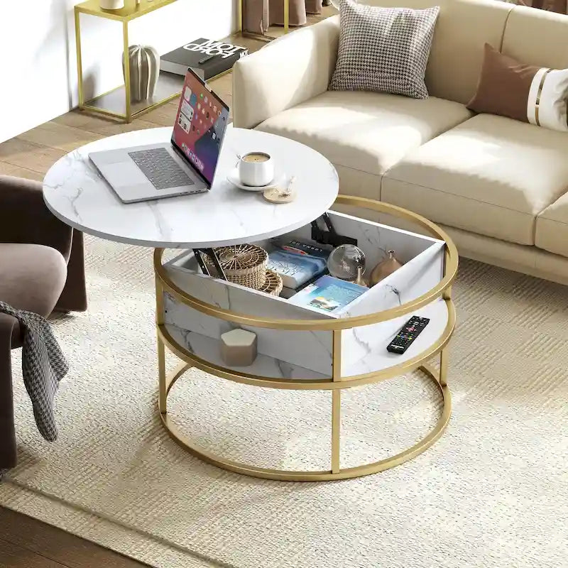 Table basse ronde relevable, plateau blanc marbré et structure dorée