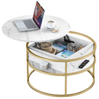 Table basse ronde relevable, plateau blanc marbré et structure dorée