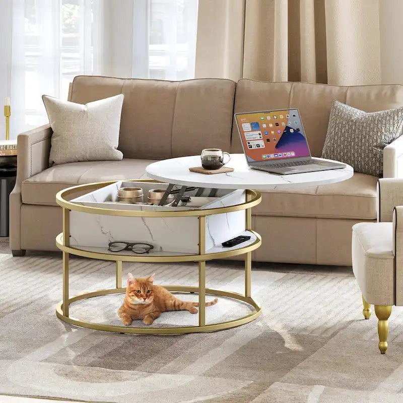 Table basse ronde relevable, plateau blanc marbré et structure dorée