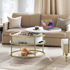 Table basse ronde relevable, plateau blanc marbré et structure dorée