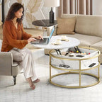 Table basse ronde relevable, plateau blanc marbré et structure dorée