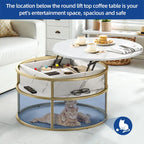 Table basse ronde relevable, plateau blanc marbré et structure dorée