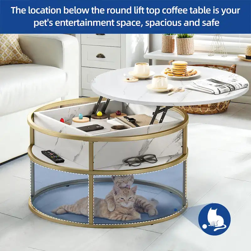 Table basse ronde relevable, plateau blanc marbré et structure dorée