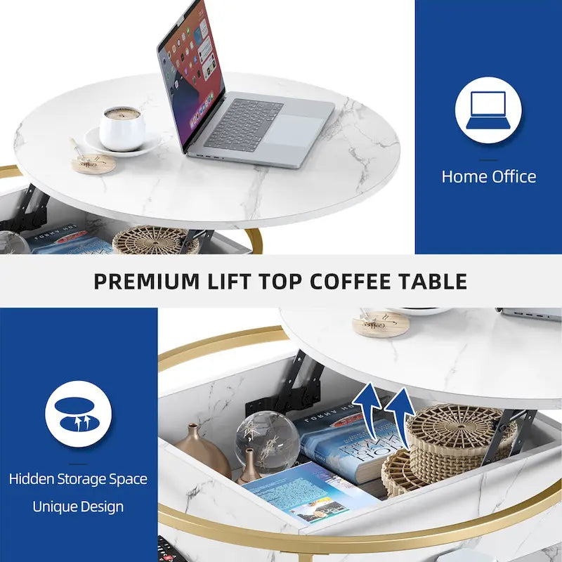 Table basse ronde relevable, plateau blanc marbré et structure dorée