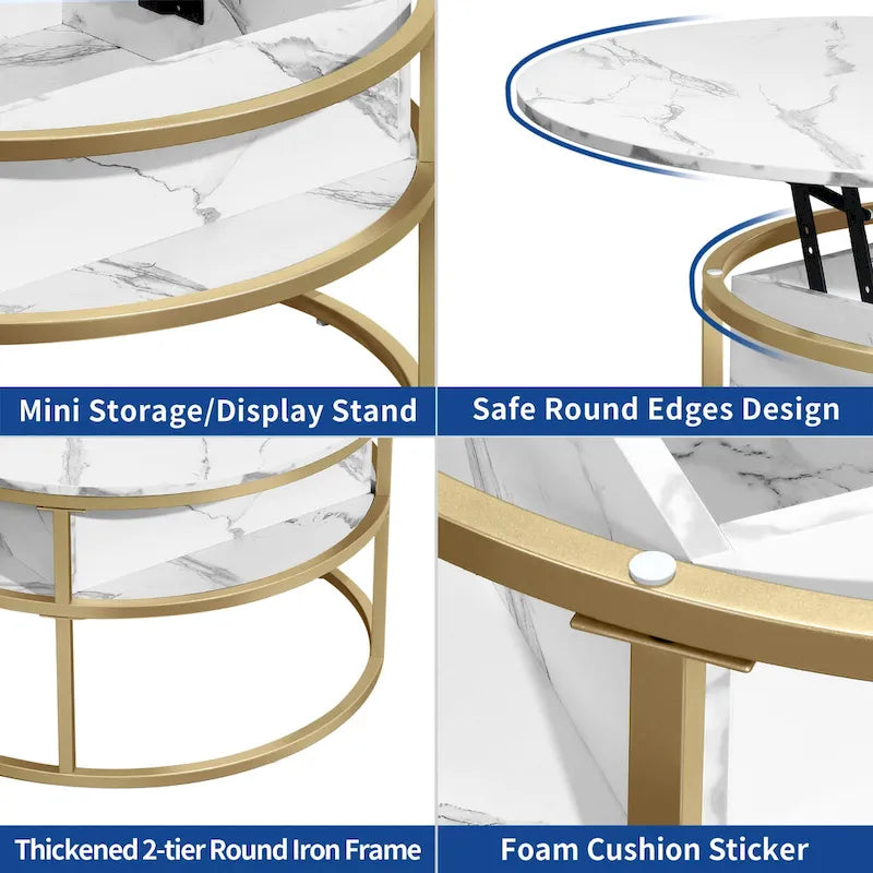 Table basse ronde relevable, plateau blanc marbré et structure dorée