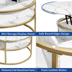 Table basse ronde relevable, plateau blanc marbré et structure dorée