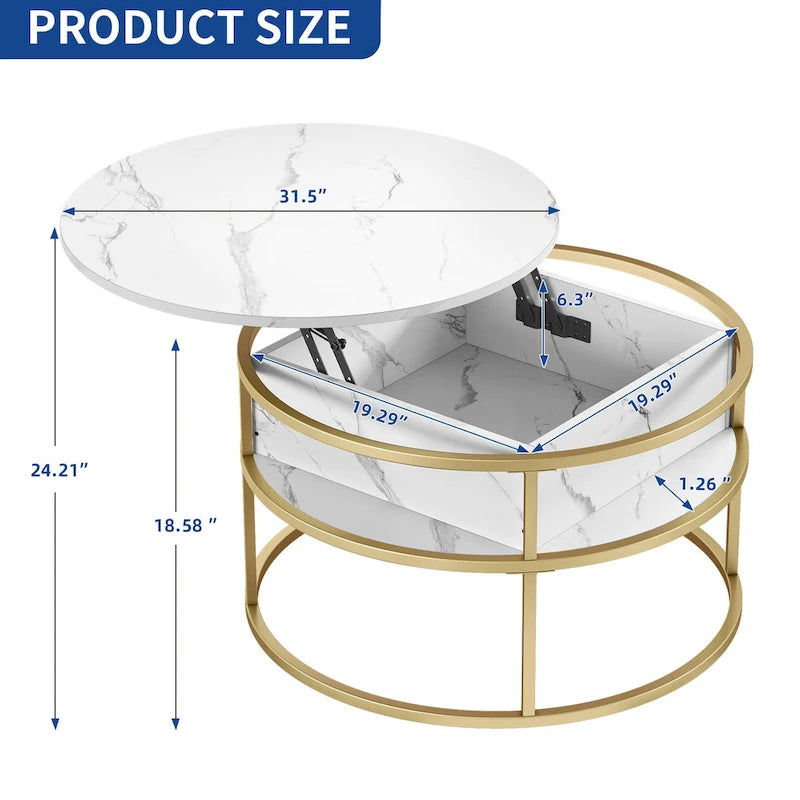 Table basse ronde relevable, plateau blanc marbré et structure dorée