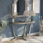Console demi-ovale – Chêne Gris Vintage, Pieds Courbés Style Ferme & Base Piédestal, Utilisation Individuelle