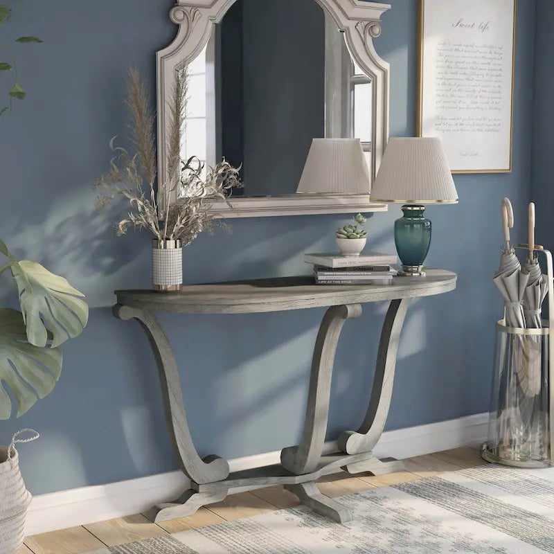 Console demi-ovale – Chêne Gris Vintage, Pieds Courbés Style Ferme & Base Piédestal, Utilisation Individuelle