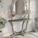 Console demi-ovale – Chêne Gris Vintage, Pieds Courbés Style Ferme & Base Piédestal, Utilisation Individuelle