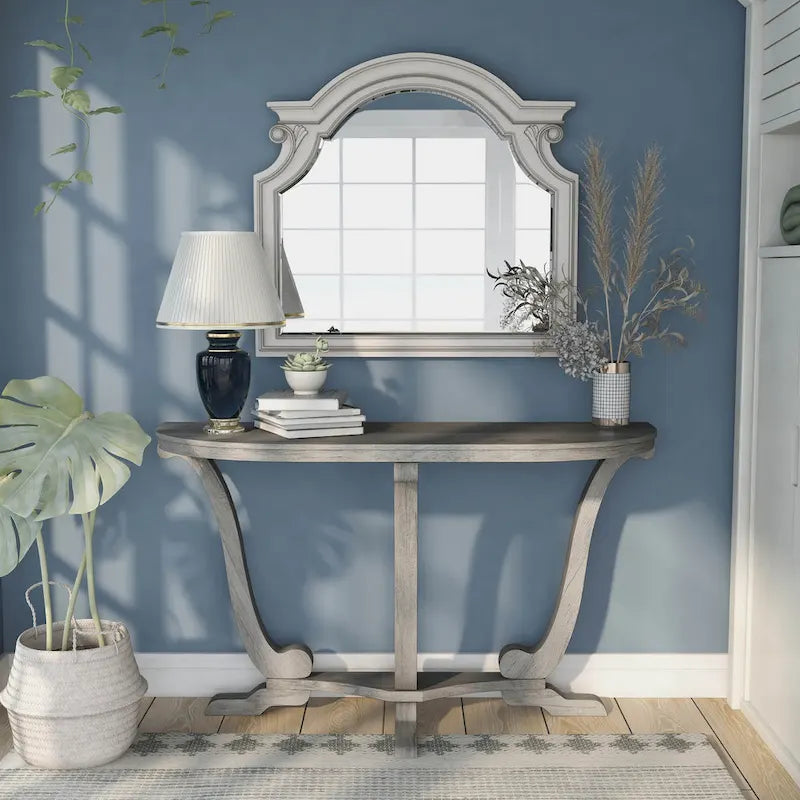 Console demi-ovale – Chêne Gris Vintage, Pieds Courbés Style Ferme & Base Piédestal, Utilisation Individuelle