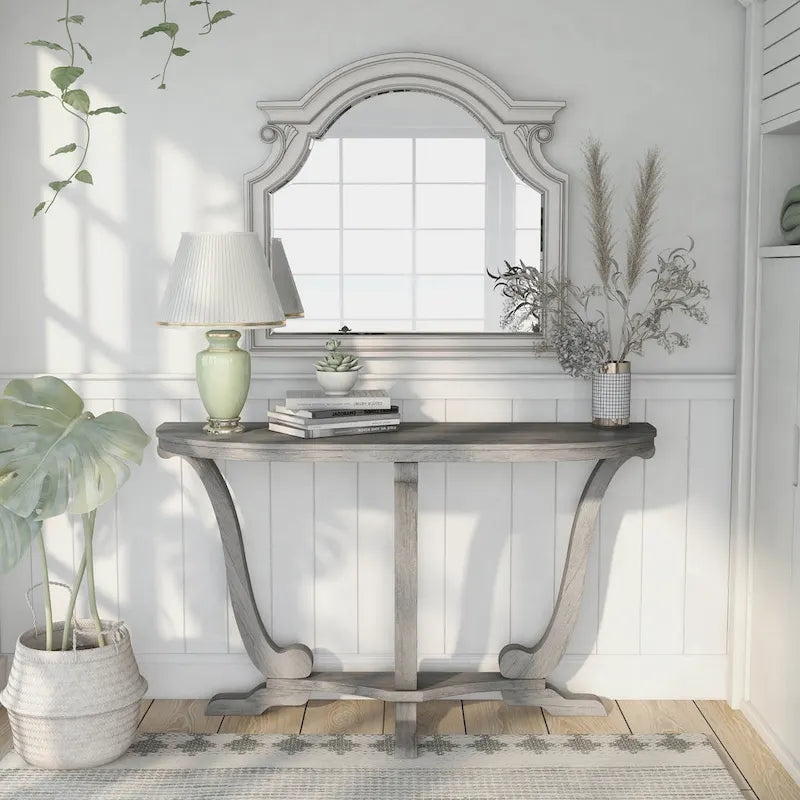 Console demi-ovale – Chêne Gris Vintage, Pieds Courbés Style Ferme & Base Piédestal, Utilisation Individuelle