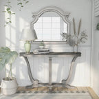 Console demi-ovale – Chêne Gris Vintage, Pieds Courbés Style Ferme & Base Piédestal, Utilisation Individuelle