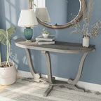 Console demi-ovale – Chêne Gris Vintage, Pieds Courbés Style Ferme & Base Piédestal, Utilisation Individuelle